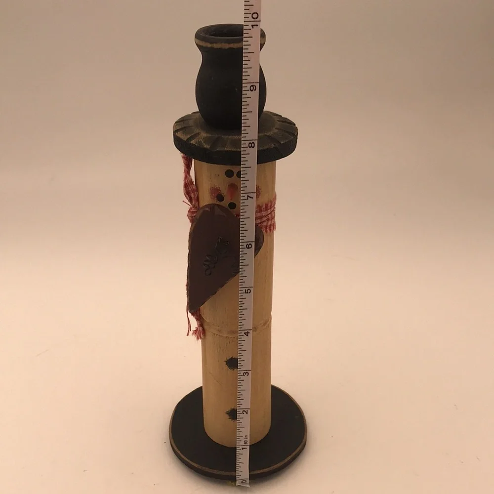 Wood Handcrafted‎ Rustic Folk Art Snowman Candle Holder w/ Heart & Plaid Scarf